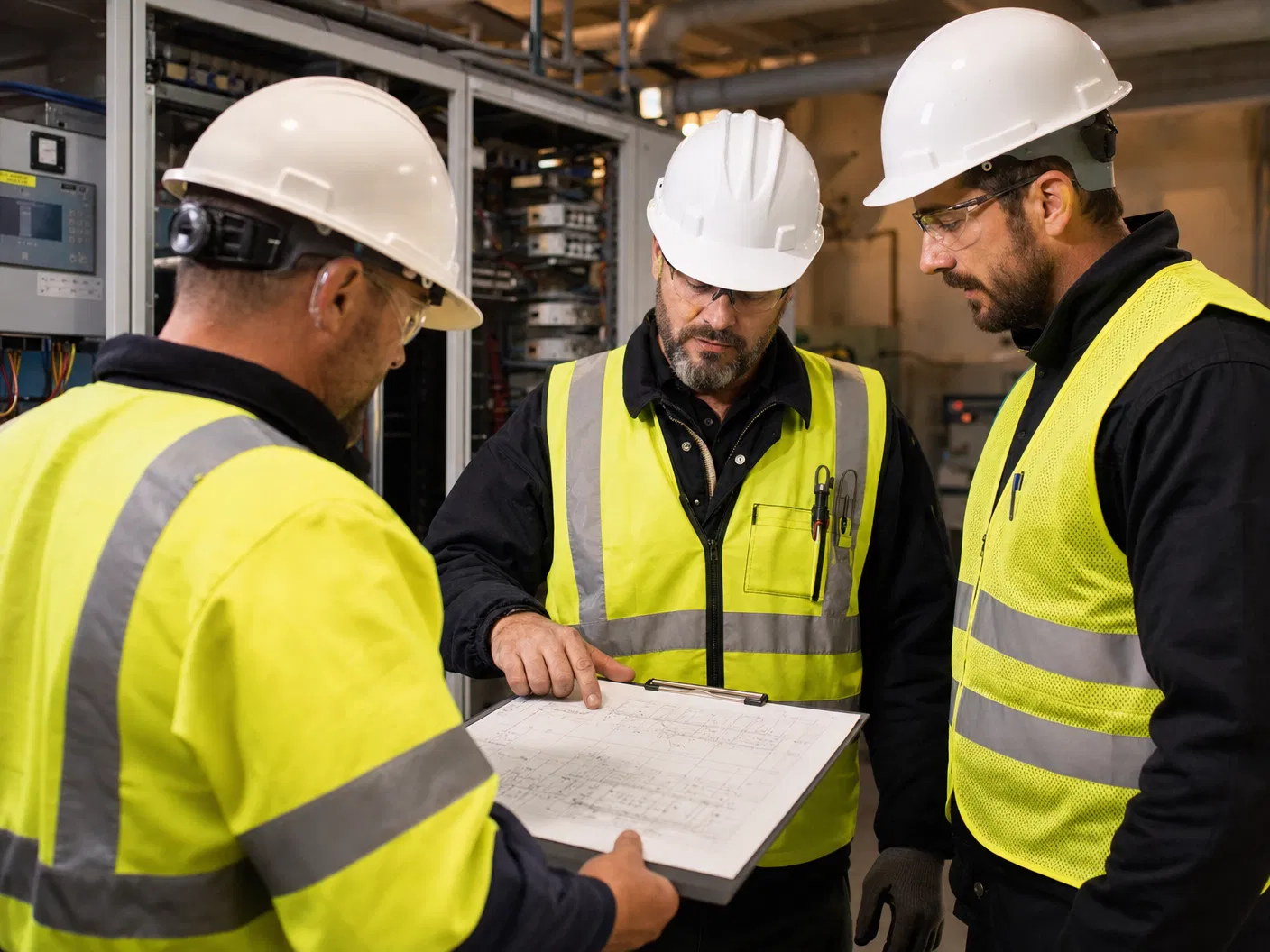 Equipo técnico trabajando en una instalación eléctrica industrial